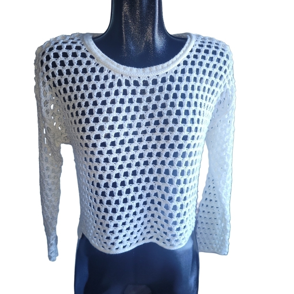 Garage White Open Knit Cropped Long Sleeve Top XS